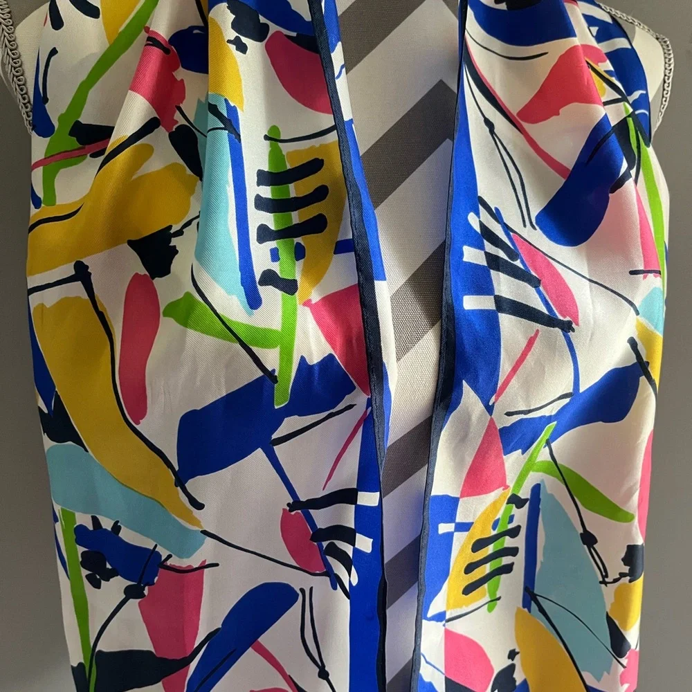 Colorful Abstract Vintage Silk Print Scarf - 52” l x 11” w - Picture 3 of 8